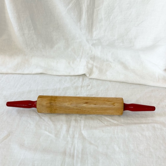 Vintage Farmhouse Wooden Rolling Pin Red Painted Handles - Picture 2 of 10
